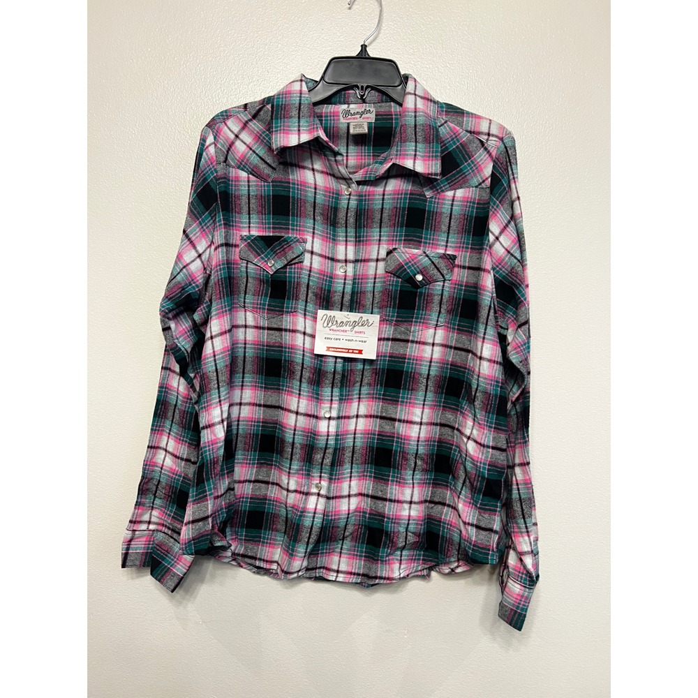 Wrangler Wrancher Womens‎ Pink Green Plaid Western Snap Shirt XXL Cowgirl